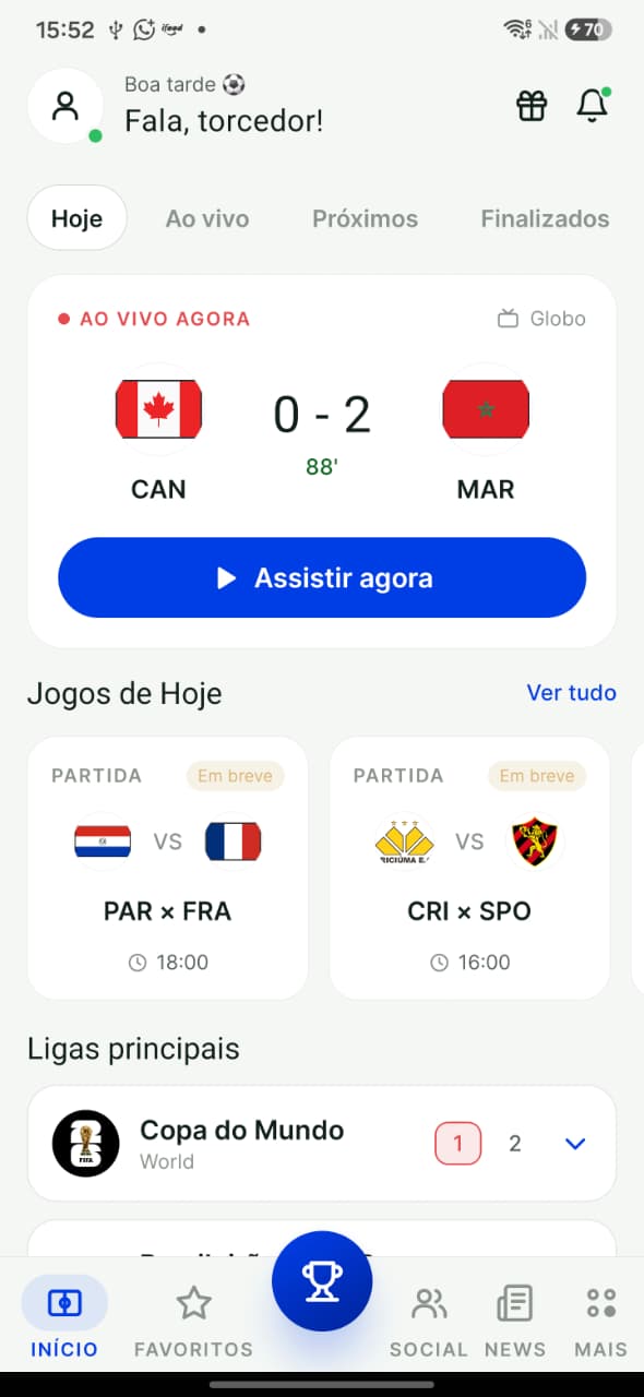 Tela inicial do PlacarAqui com placar ao vivo e jogos de hoje